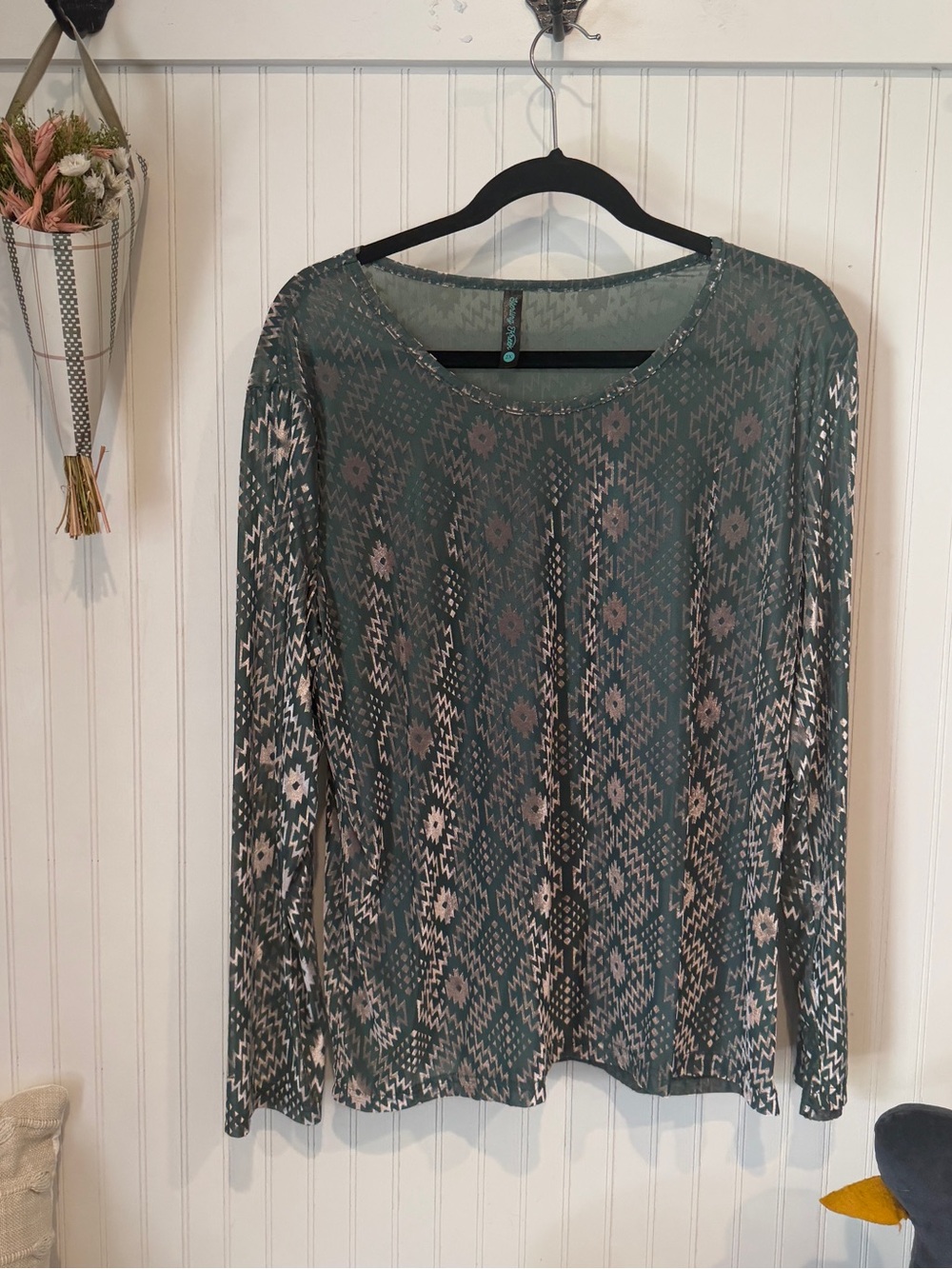 Sheer Aztec Print Boho Top 2X | Western Mesh Long Sleeve Blouse